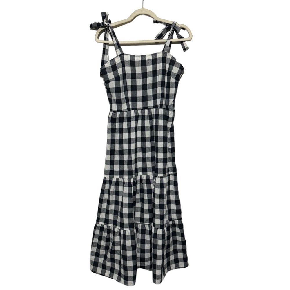 Navy Blue White Gingham Plaid Long Modest Tiered Midi Maxi Dress Size Small